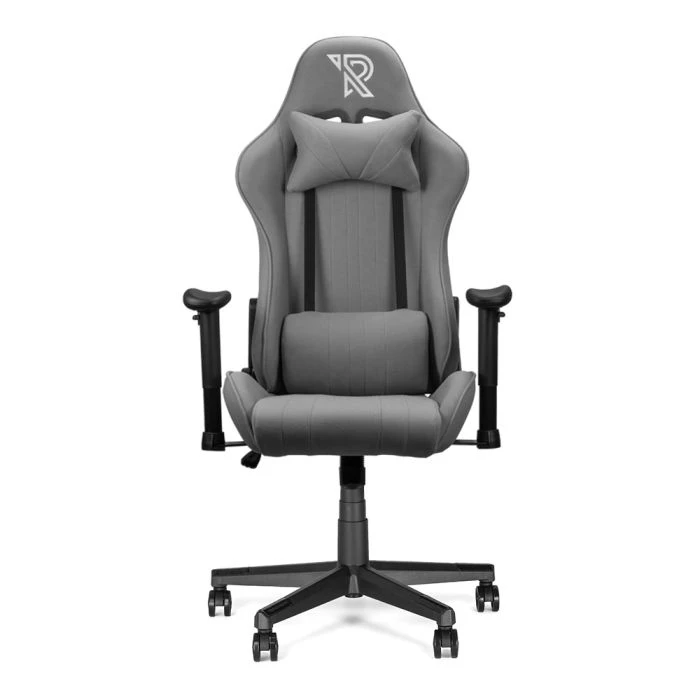 Grijze Ranqer Felix Fabric gamestoel van stof, vooraanzicht met nek- en lendenkussen