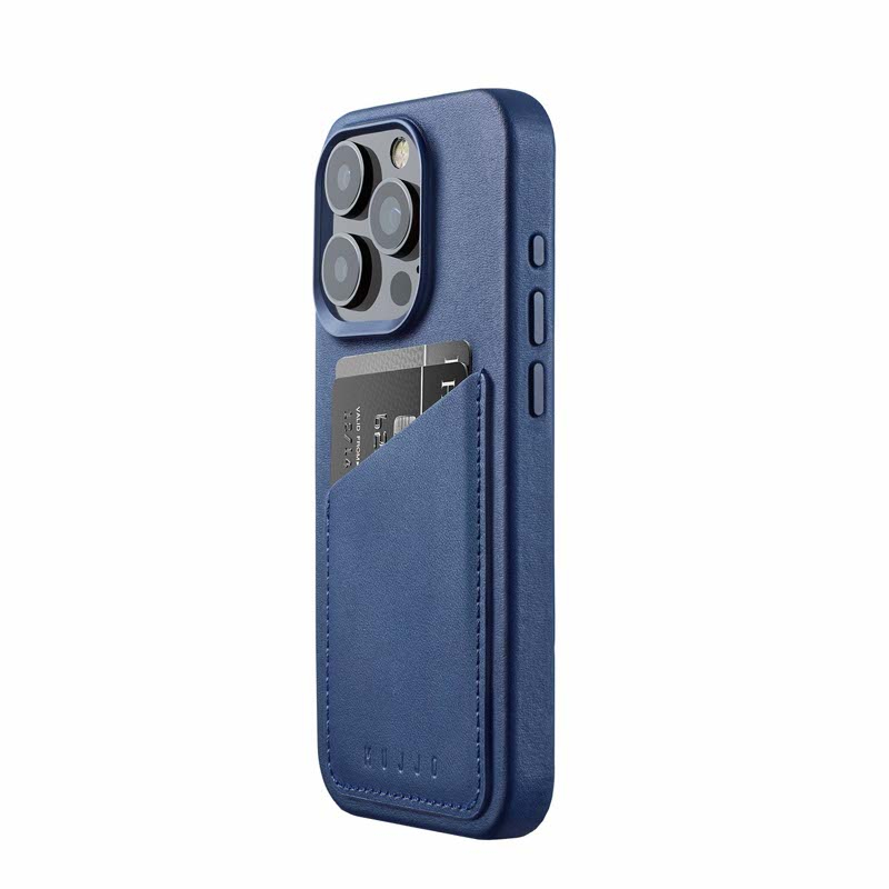 Mujjo - Full Leather Wallet iPhone 15 Pro - blauw
