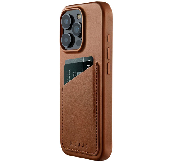 Mujjo Coque Portefeuille en Cuir iPhone 16 Pro - Marron