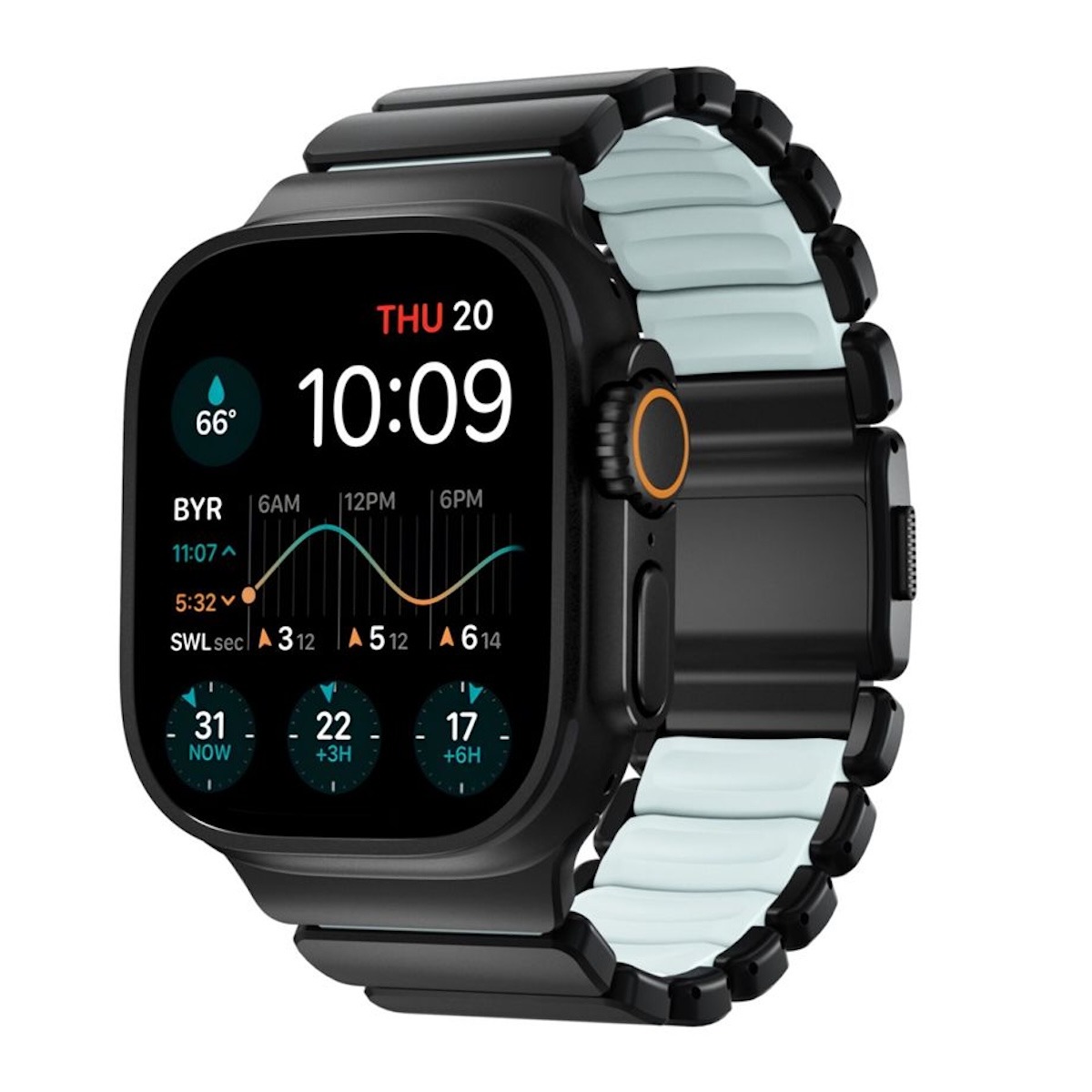 Nomad Stratos Titanium Strap Apple Watch 44mm / 45mm / 46mm / 49mm Zwart / Icy Blue Glow - NM009896858