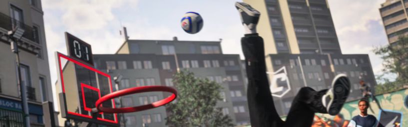 Stadionsituatie: duikende kopbal of strekbeweging in het strafschopgebied na een corner.