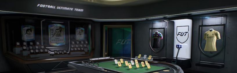 FUT Gallery Hub: showroom met spelerskaarten, shirts en verzamelitems in 3D.