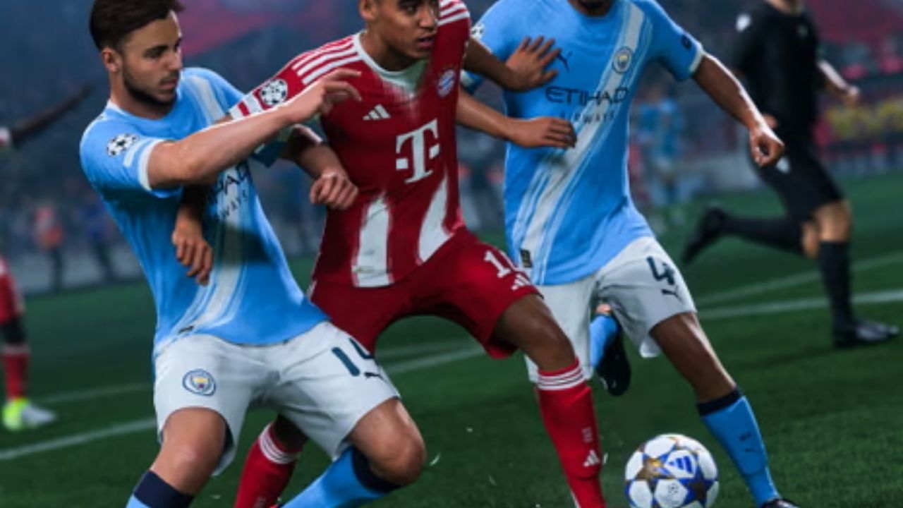 FC 26-screenshot: AI-verdediger steekt automatisch been uit naar de dribbelaar.
